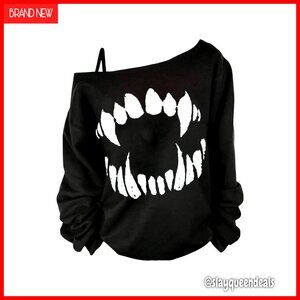 Plus Size Off Shoulder Long Sleeve Graphic Tee Goth Pullover Top